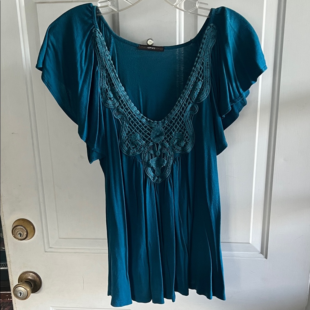 Soprano Teal Lace Accent Blouse